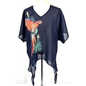 Colleen Lopez Parrot Print Sheer Top Women’s XS Flowy Navy Tropical Cruise
